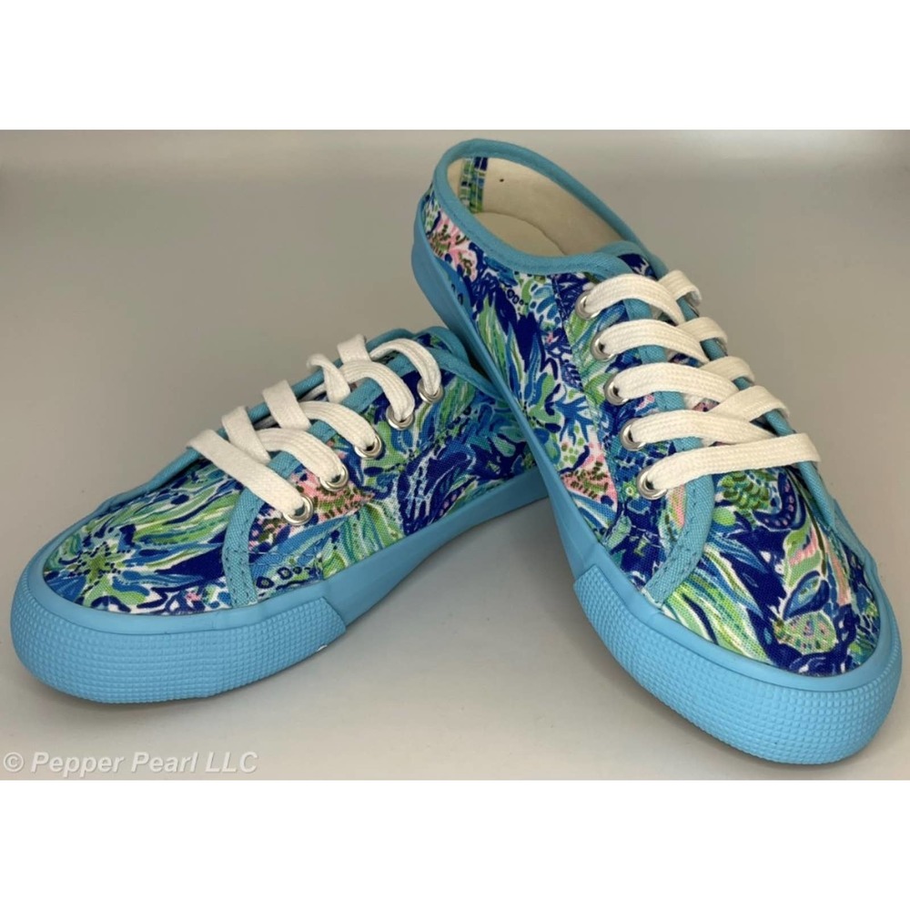 Charlie Paige Canvas Mule Lace Up Sneakers Springtime Floral Pattern Size 7 Blue